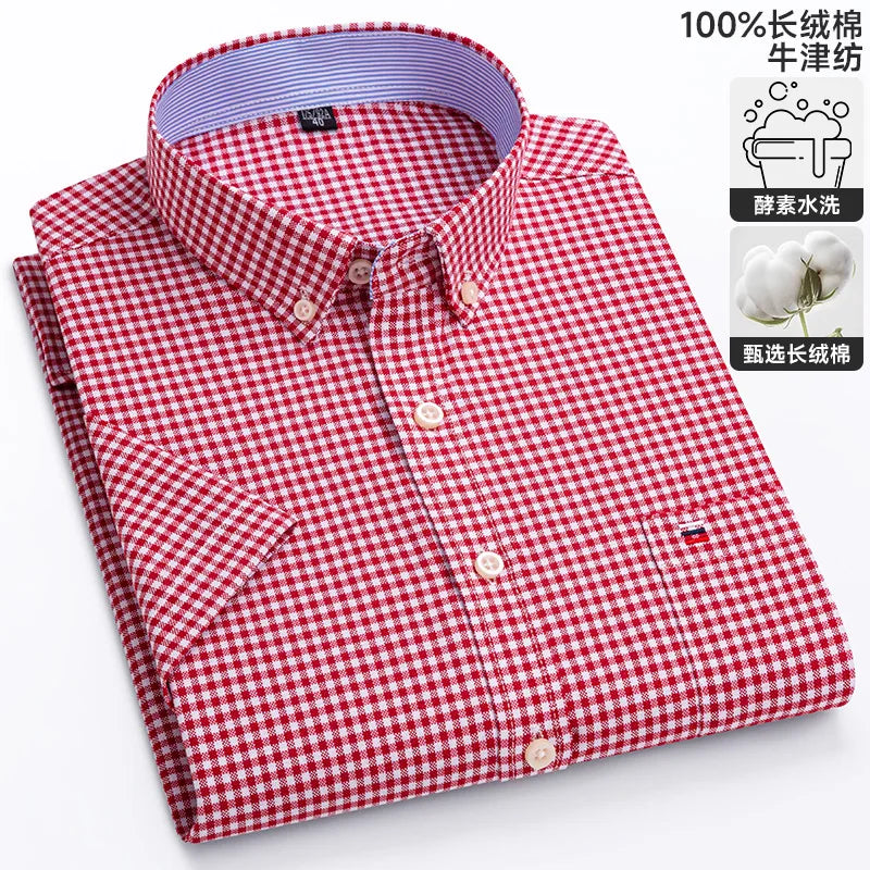 New 100% Cotton Oxford Men's Shirts Short Sleeve Plaid Soft Regular Fit Formal Dress Shirt Social Blouse Male Clothes 6XL 7XL
