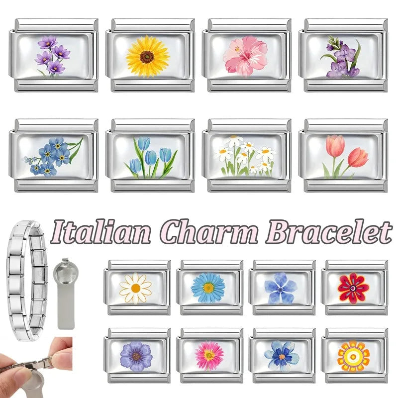 2025 Women's Fashion Colorful Flowers Sunflower Tulip Orchid Daisy Italian Charms Fit 9mm Stainless Steel Bracelet DIY Jewelry