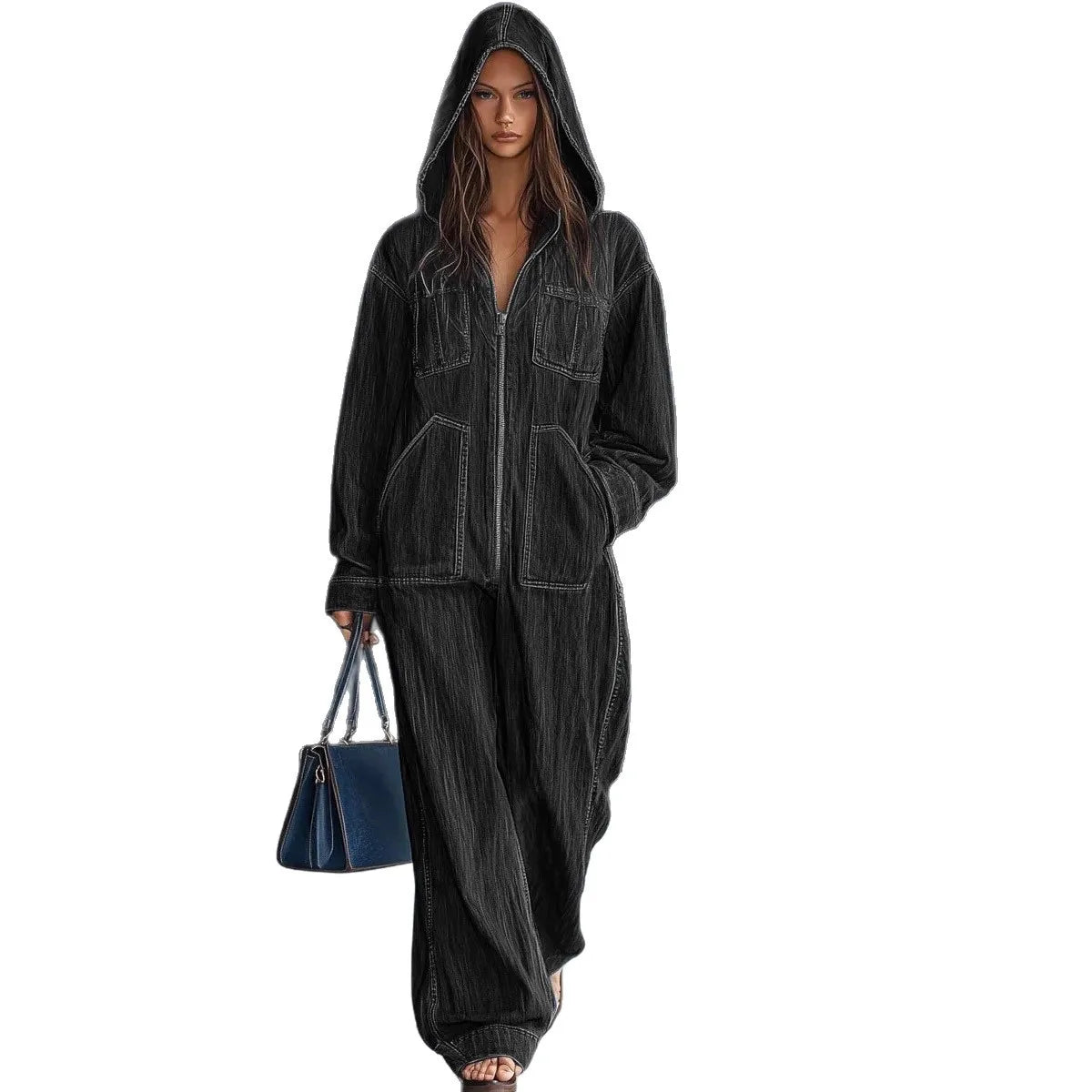 Women Denim Jumpsuits For Autumn Winter Long Sleeve Bandage Loose Fashion Streetwear Overalls Wide Leg Pants Jeans 2025