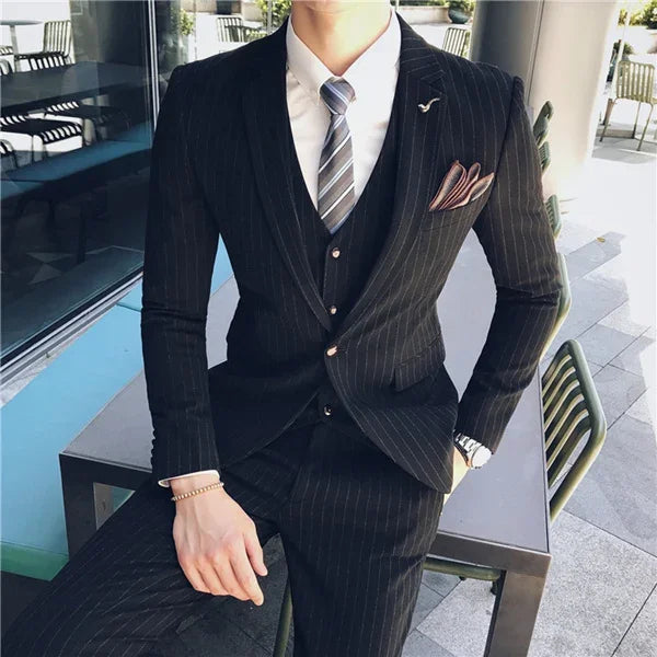 S-7XL ( Blazer + Vest + Pants ) Striped Plaid Solid Color Mens Formal Business Suit 3Pcs Set Groom Wedding Social Show Dress