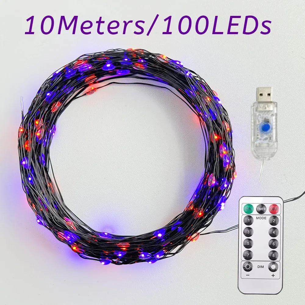 Halloween Fairy Lights USB 20M 200LED Auto Timer 8 Modes Waterproof  for Outdoor Garden, Yard, Fence Decor (Purple & Orange)