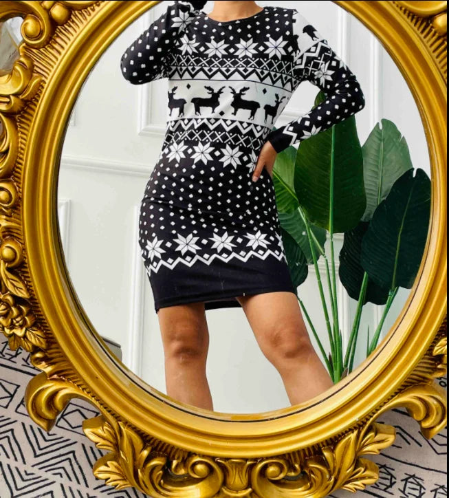 Christmas Women's Dresses 2024 Autumn Long Sleeve Fashion Snowflake Elk Print Casual O-Neck Daily Skinny Mini Dress