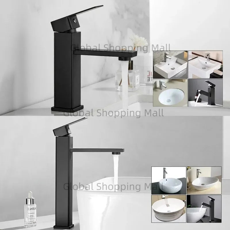 Bathroom Faucet Single Hole Single Handel Hot and Cold Water Mixer Tap Deck Mounted in Black and Chrome Square Basin TapBathroom