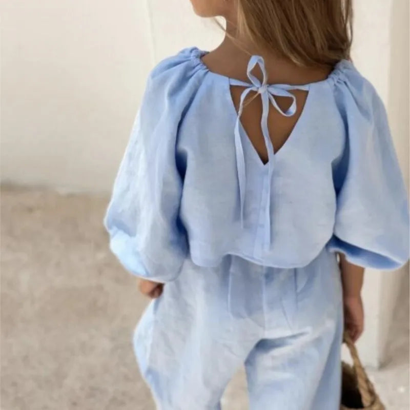 Baby Girl Linen Cotton Clothes Set Shirt+Pant 2pcs Infant Toddler Child Clothing Set Solid Color Spring Baby Clothes 1-7Y