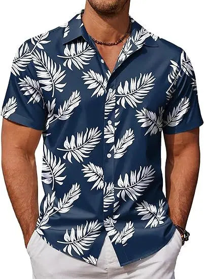 Minimally Designed Hawaiian Tropical Plant Printed Men's Quick Drying Shirt, Summer Beach Shirt