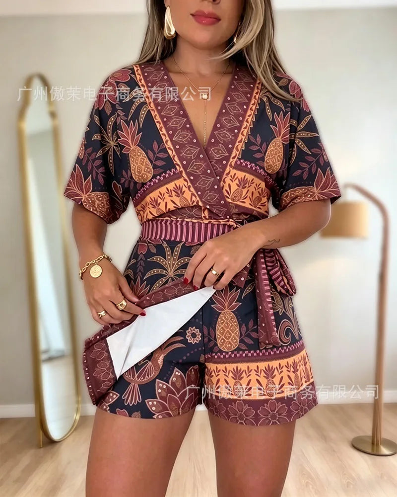 Women V Neck Beach Printed High Waist Stretch Jumpsuit Shorts Overall Playsuit