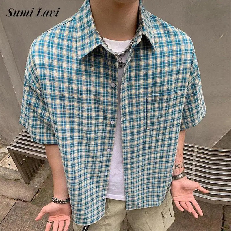 2025 Summer Stylish Short Sleeve Shirt Men's Streetwear Vintage Button-up Turn-down Collar Shirts Trendy Men Plaid Printed Shirt
