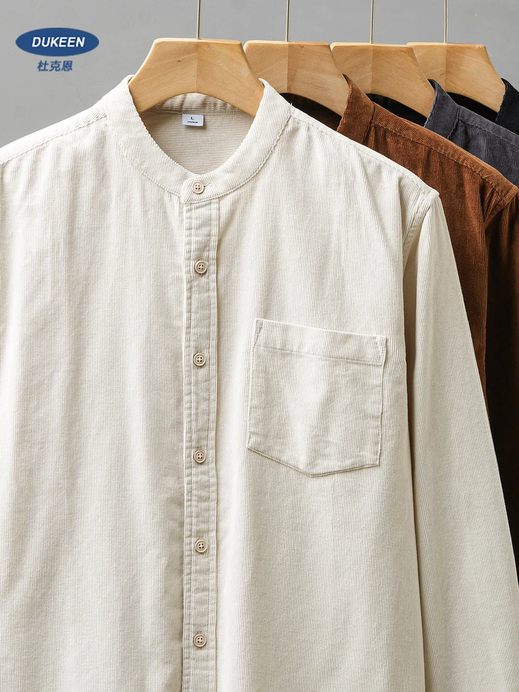 DUKEEN Corduroy Stand Collar Long Sleeve Shirt for Men 100% Cotton Spring and Autumn Casual Men's Clothing