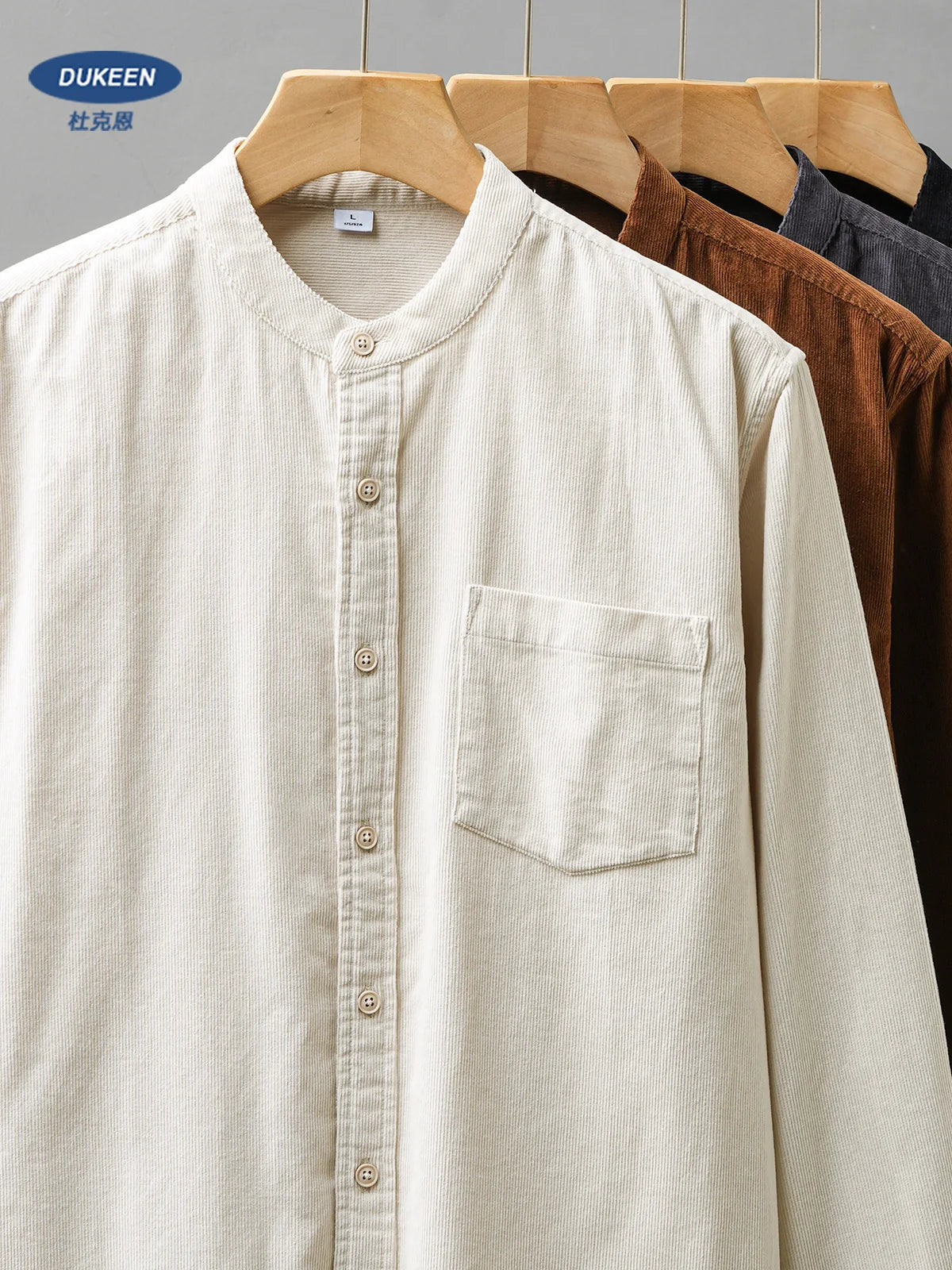 DUKEEN Corduroy Stand Collar Long Sleeve Shirt for Men 100% Cotton Spring and Autumn Casual Men's Clothing
