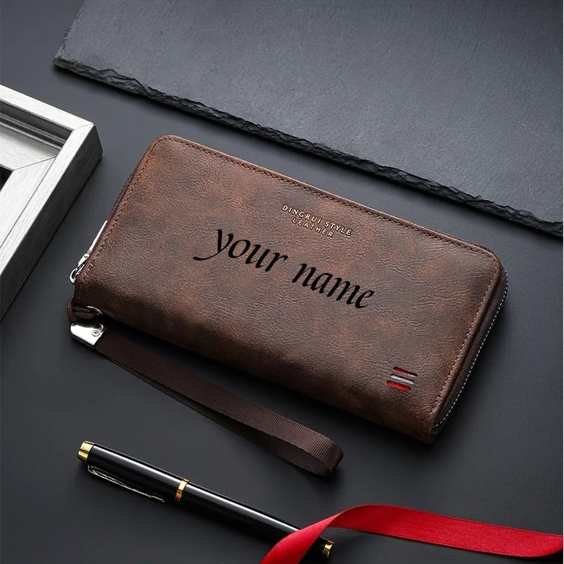 Customized Name Men's Long Handheld Wallet Multiple Card Slots with Small Coins Pocket for Mobile Phone Cash Cards Daily Storage