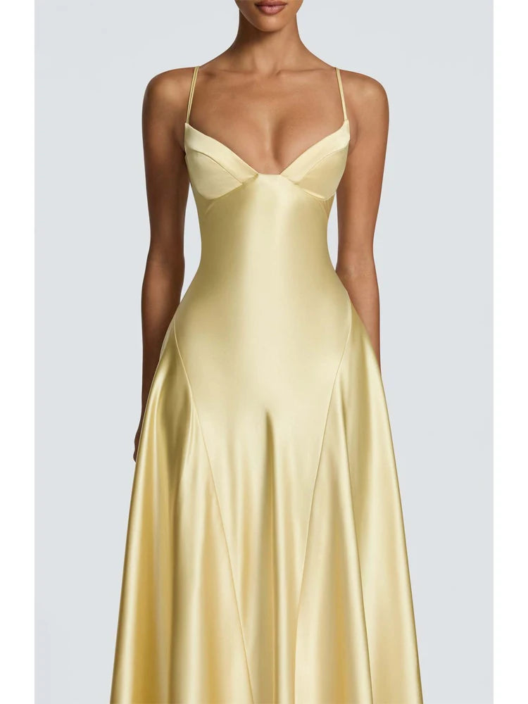 Women Yellow Low Cut Backless High Waisted Dress Lace Up Sleeveless Waist Cincher Spaghetti Strap Vestidos Party Club Women Robe