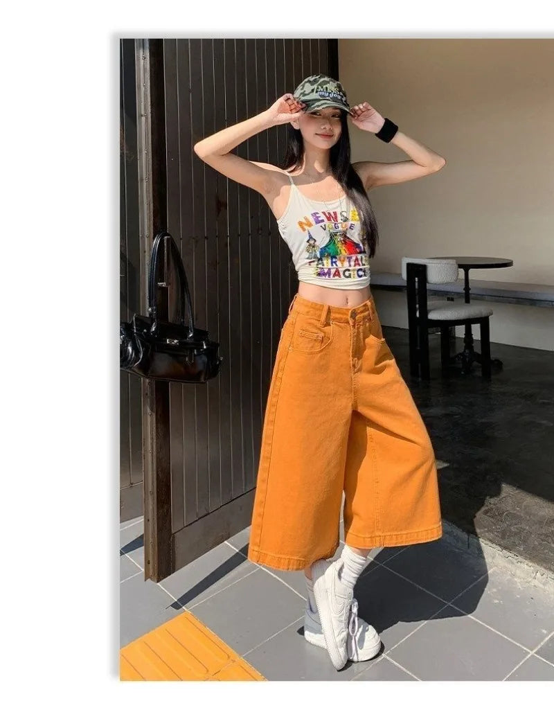 Retro High Waist Wide-leg Jeans Women Summer New Fashion Loose Straight Calf-Length Denim Pants Female Orange Whiter Cowboy Pant