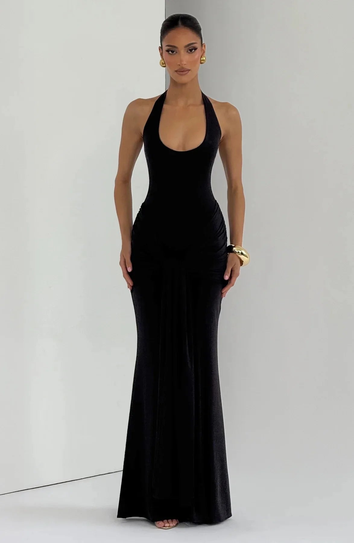 Stylish Lady Elegant Halter Neck Maxi Dress 2026 Summer Women White U-Neck Ruched Draped Sleeveless Bodycon Formal Party Dress