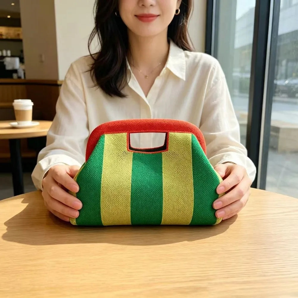 New Woven Bag Hollow-Out Striped Knitted Handbag Fly-Knitted Cloud Versatile Portable Cosmetic Bag