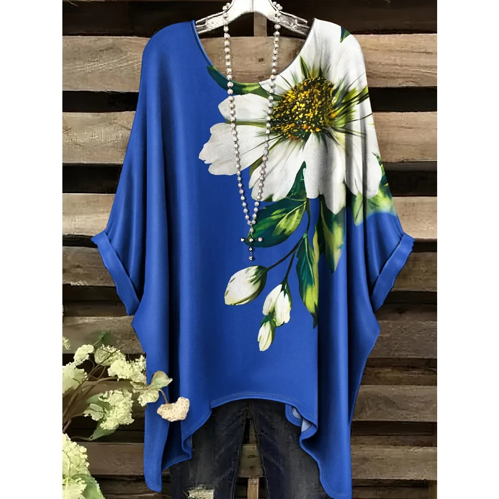 Women's Summer Bohemian Floral Print T-Shirt Vintage Light Purple Y2k Graphic Round Neck Clothing Elegant Woman Short Sleeve Top