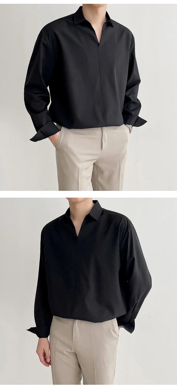 New Korean V Neck Men Shirts Luxury Casual Drooping Style Slim Solid Color Long Sleeve Pullover Blouse High Quality Autumn Tops