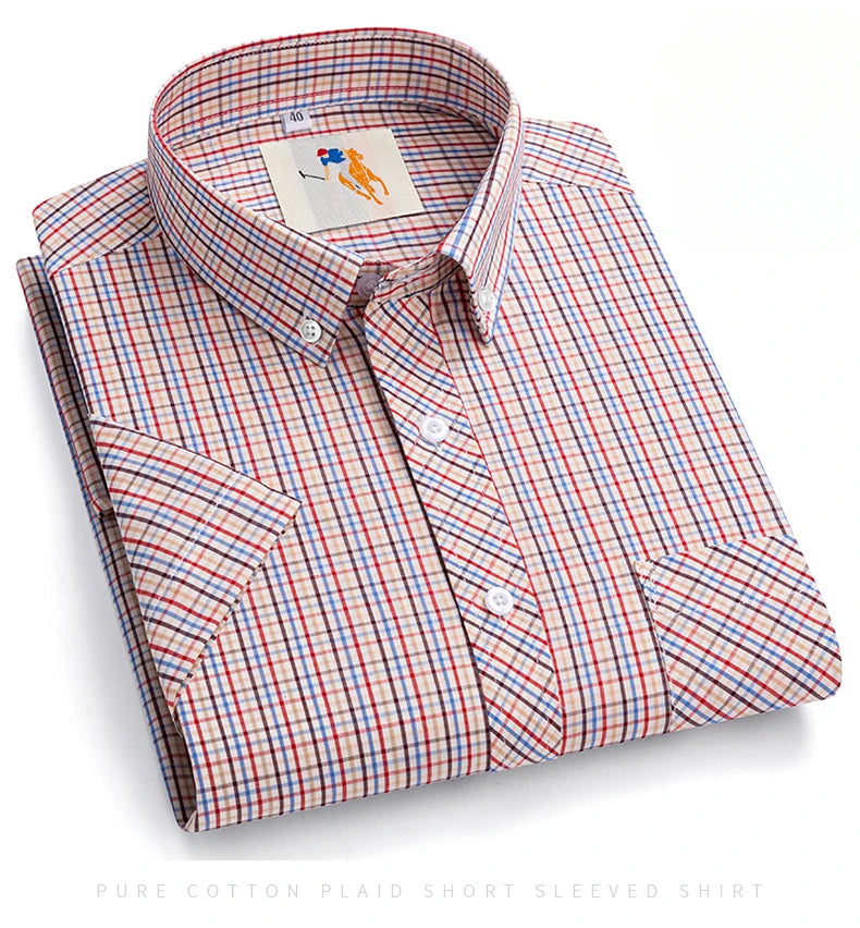 Fashion Korean Plus Size 8XL 100%Cotton Short Sleeve Shirts for Men Slim Fit Formal Plain Shirt Plaid Hawaiian Shirt Casual Top