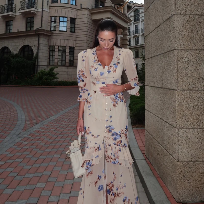 Sexy Print Women Long Dress Urban V-neck Single Breasted Ruffles Half Sleeve Female Dresses 2026 Spring Autumn Lady Robe