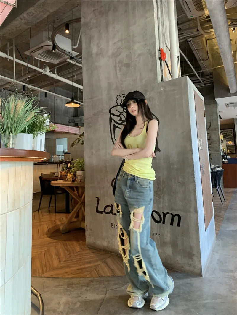 Retro Ripped Jeans for Women Summer High Waisted Loose Straight Leg Pants 2026 New Casual High Street Wide Leg Denim Trousers
