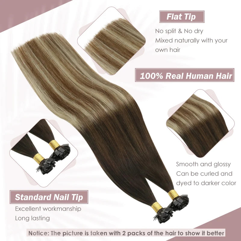 Ugeat Flat Tip Hair Extensions 14-24" Natural Straight Flat Tip Keratin Hair Extension 50/100g Remy Pre Bonded Hair Extensions