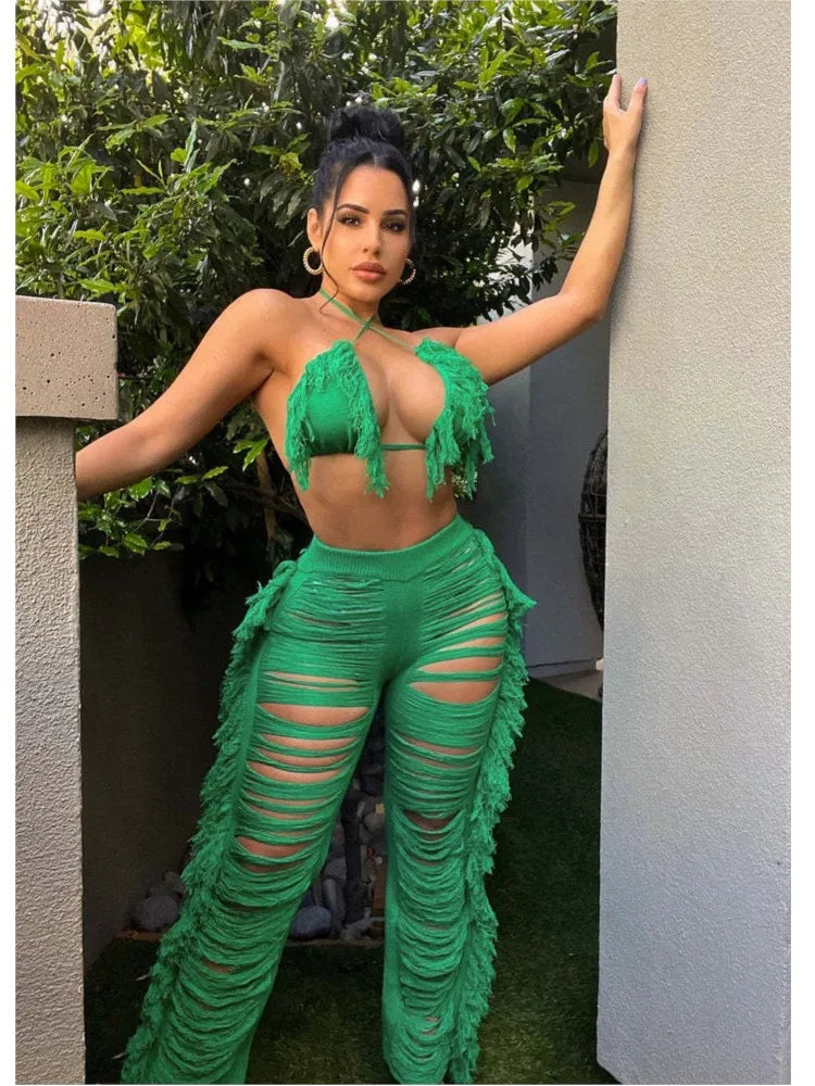 Sexy Women 2025 Knitted Set Two Piece Set Halter Backless Bra Crop Top Pants Crocheted 2 Pieces Set Hollow Out Crochet Beach Set