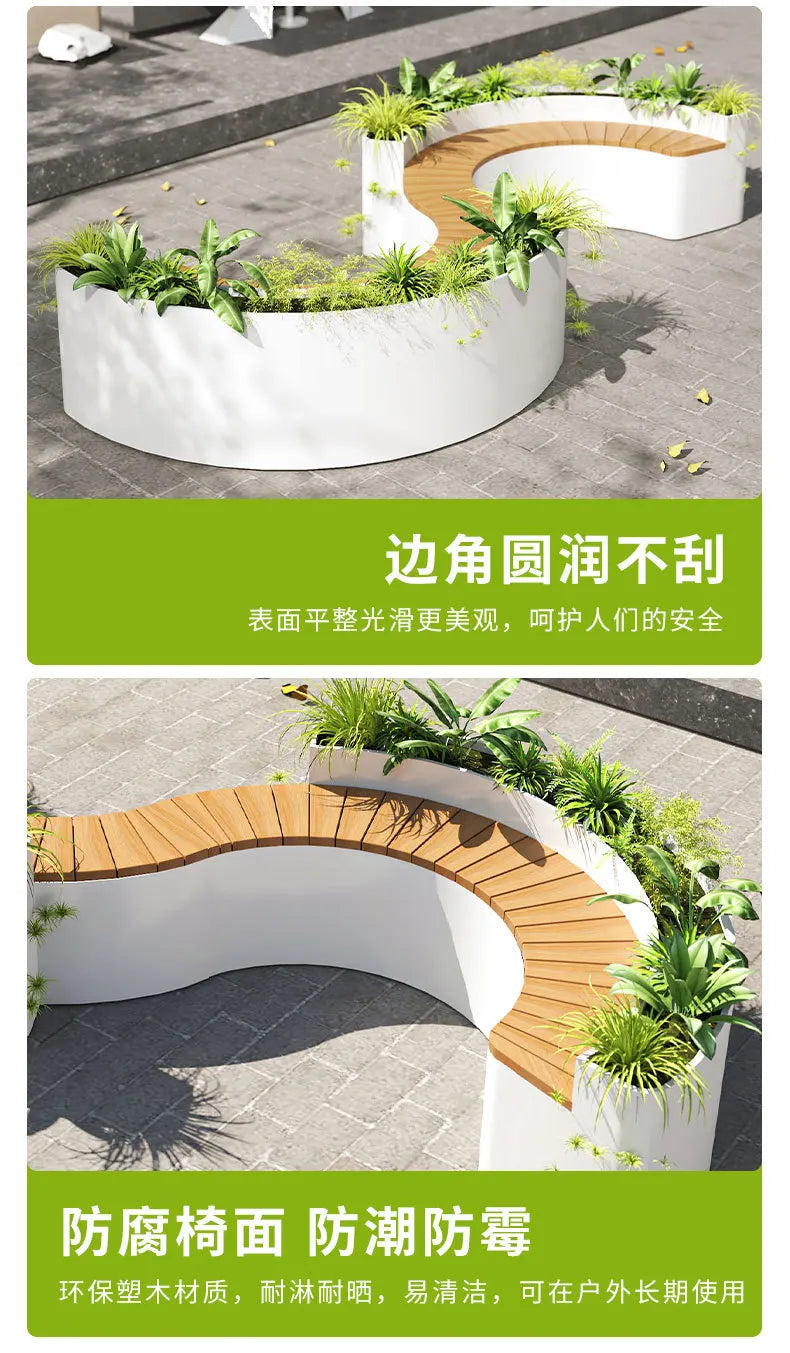 For Outdoor Curved Wood Flower Box Seat Square Park Mall Public Area Anti-corrosion Moisture-proof Leisure Bench