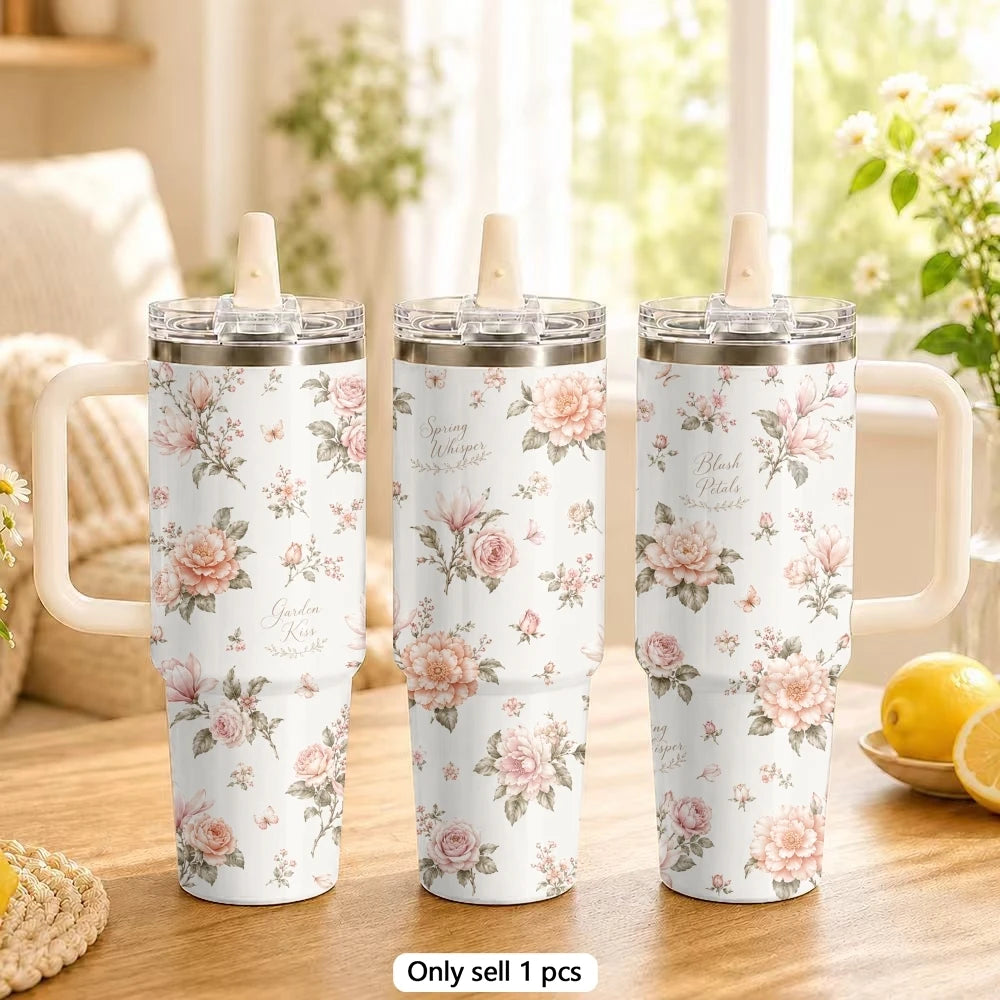 Vintage Floral Style Vacuum Flasks 40oz Stainless Steel Tumbler with Handle Straw Lid Vacuum Insulated Double Wall Leak Proof
