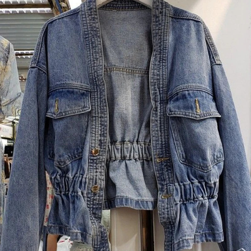 Denim Jacket for Women Plain Cinched Waist Slim Woman Jean Coat Blue Outerwear Spring Autumn 2025 Fashion Low Price Y2k Clothes
