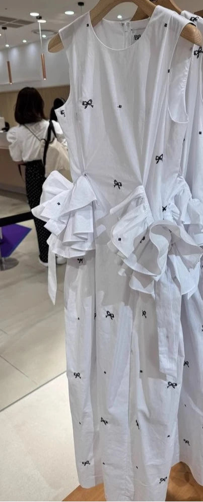 Japanese Sweet Basic Black Sleeveless Long Dress Summer 2025 New Women's Slim Cute Bow Printed Ruffles Casual Fashion Dress