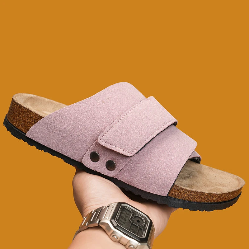 Men's Cork Slippers Suede Leather Clogs with Open Upper Comfort Footbed Adjustable Sandals Slides Indoor Home Shoes Women Couple