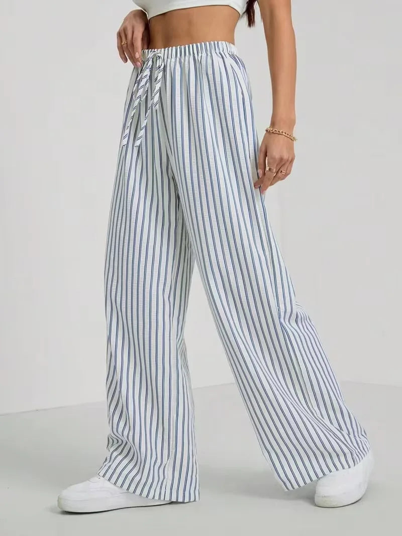 Women's Casual Striped Wide-Leg Pants   Summer Commute Fashion Drawstring Elastic Waist  Versatile Relaxed Straight Leg Trousers