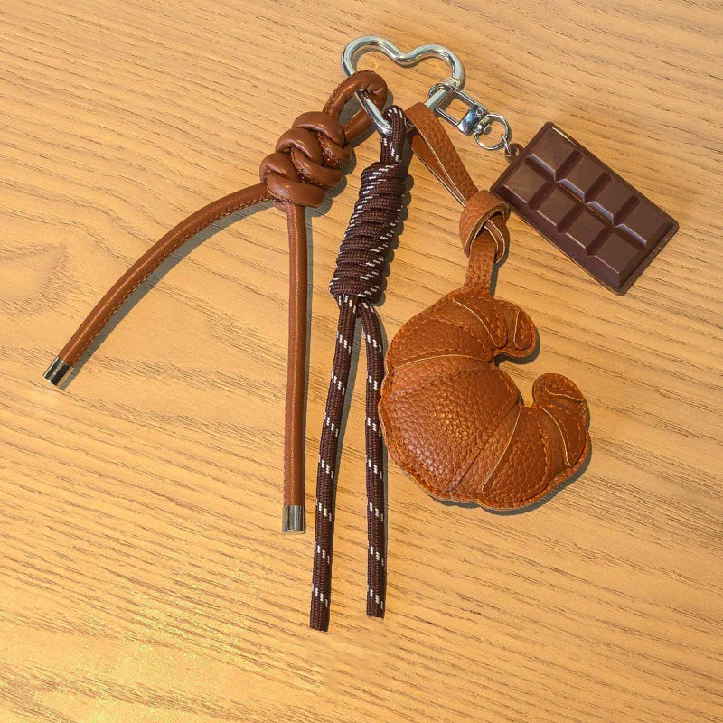 Cute Croissant Pendant Keychain Cartoon Bread Bag Charm Backpack Hanging Woven Rope Design Accessories Gift