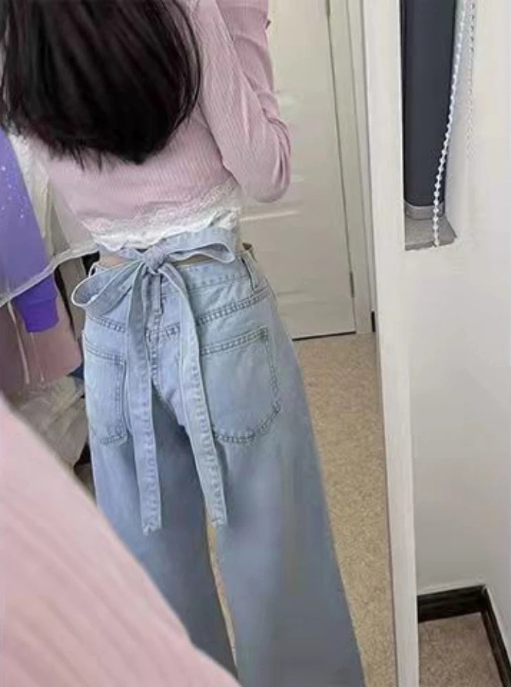 Women's High Waist Baggy Jeans Korean Trendy Loose Wide Leg Denim Pants with Ankle Ties Flowy Floor Length Streetwear