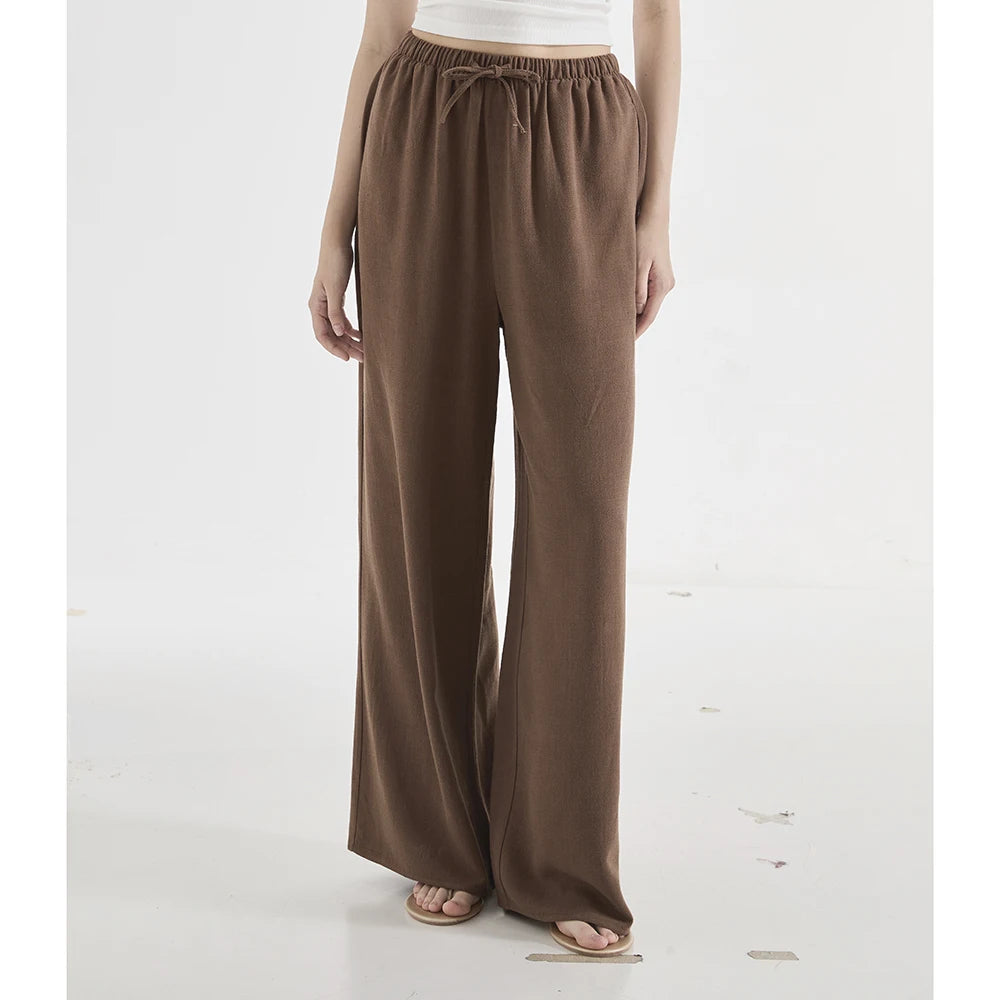 Loose Wide Leg Casual Pants Women's  Korean Linen Office Lady Household Trousers Drawstring Straight Leg Long Pants Femme