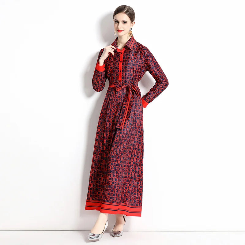 2025 Spring New Silk Satin European and American Fashion Waist slimming Printed Dress with Belt and Knee length Skirt