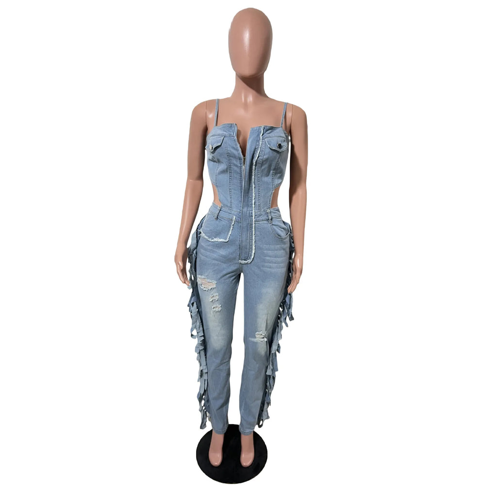 FAGADOER Fashion Fringed Bodycon Denim Jumpsuits Women Sexy Spaghetti Strap Hollow Out Zipper Pocket Patchwork Romper Streetwear