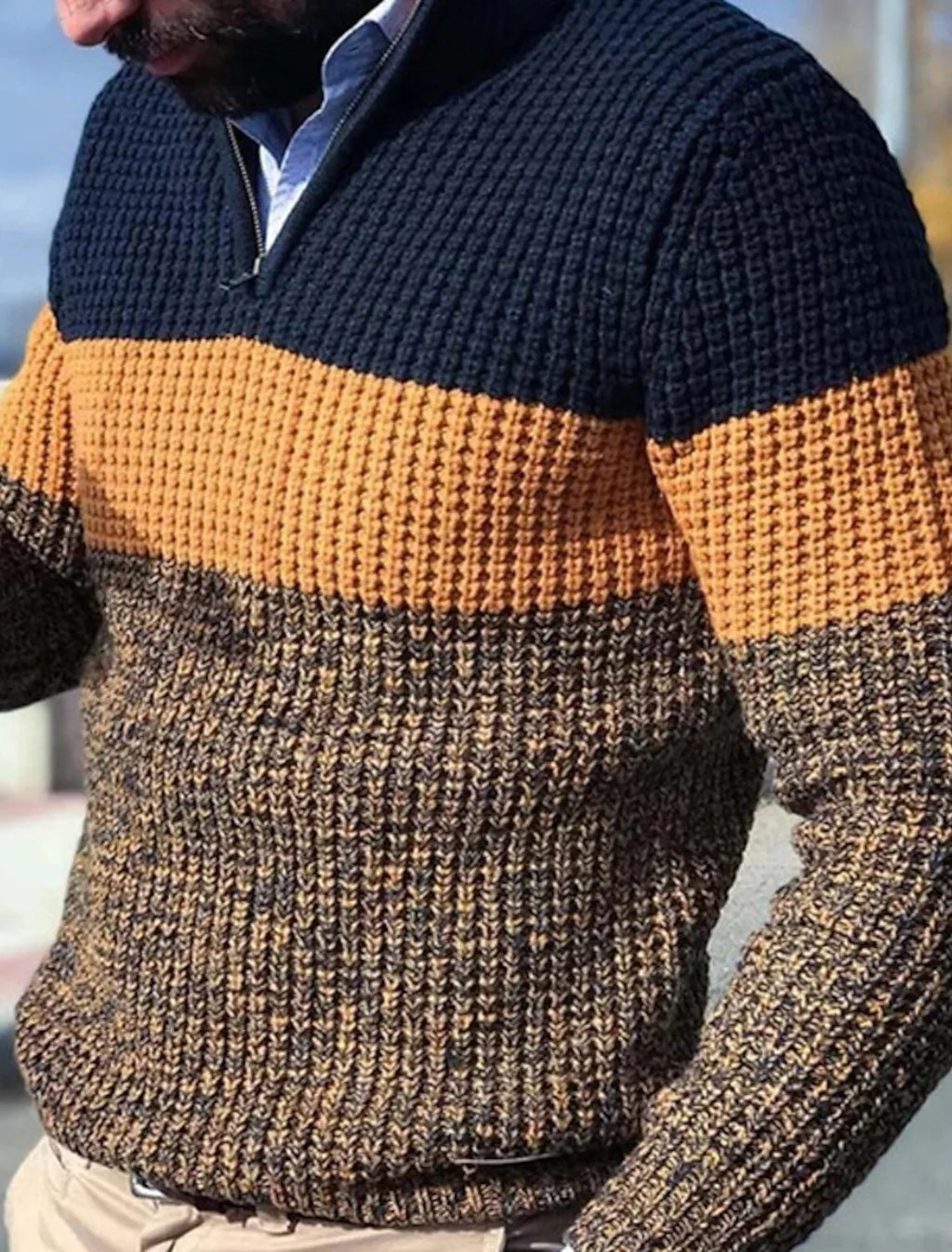 Pullovers Men Knitted Tops Zipper Turn Down Collar Full Sleeve Slim Fit Polo Sweaters Casual Regular Knit Splice Autumn Winter