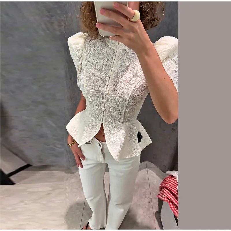 Lace Cutout Peplum Jacket Stand Collar Puff Sleeve Button Front Waist Cinched 2026 Summer Autumn Fashion Women Elegant Top