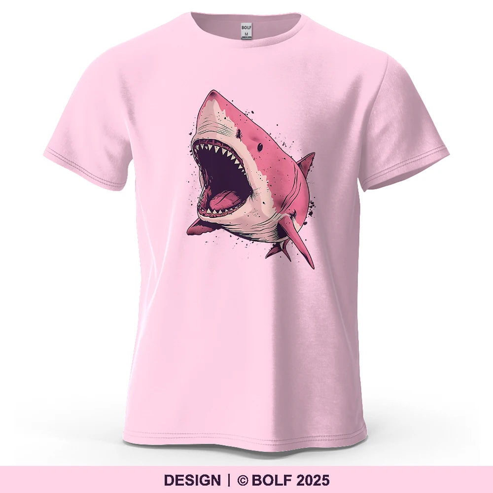 Pink Shark Cartoon Image Printed Men's T-Shirt 100% Cotton Oversized Marine Life Graphic Tees for Women Tops Tees Streetwear