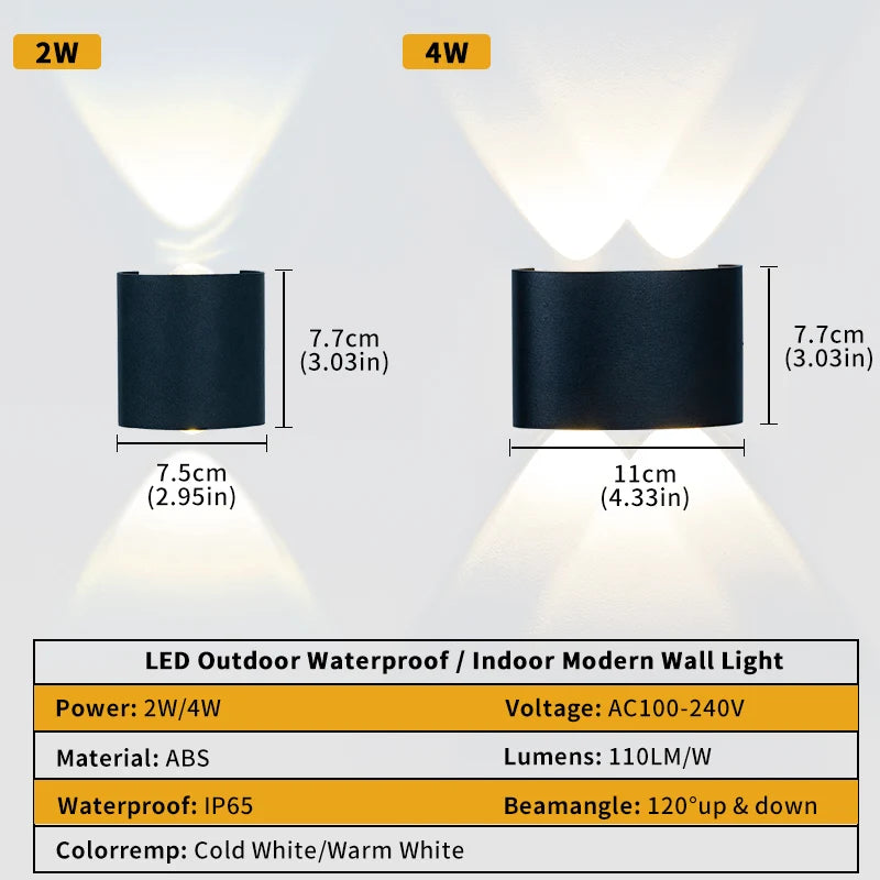 LED Wall Light Waterproof Outdoor Indoor Lighting IP65 AC100-240V Up and Down LED Wall Lamp 2w 4w for Garden Stair Night Light