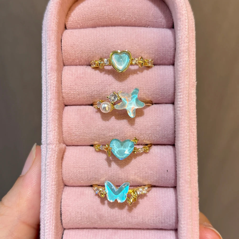 Vintage Blue Crystal Bow Knot Rings Women Gold Plated Open Adjustable Ring Sweet Heart Zircon Pearl Finger Ring Fashion Jewelry