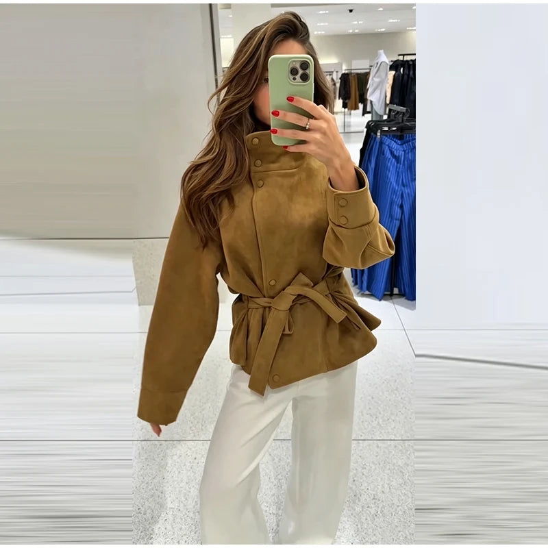 Faux Suede Women Winter Jacket Belted Waist Autumn Coat Stand Collar Short Jacket Cargo Jacket Daily Commute Wear Street Style