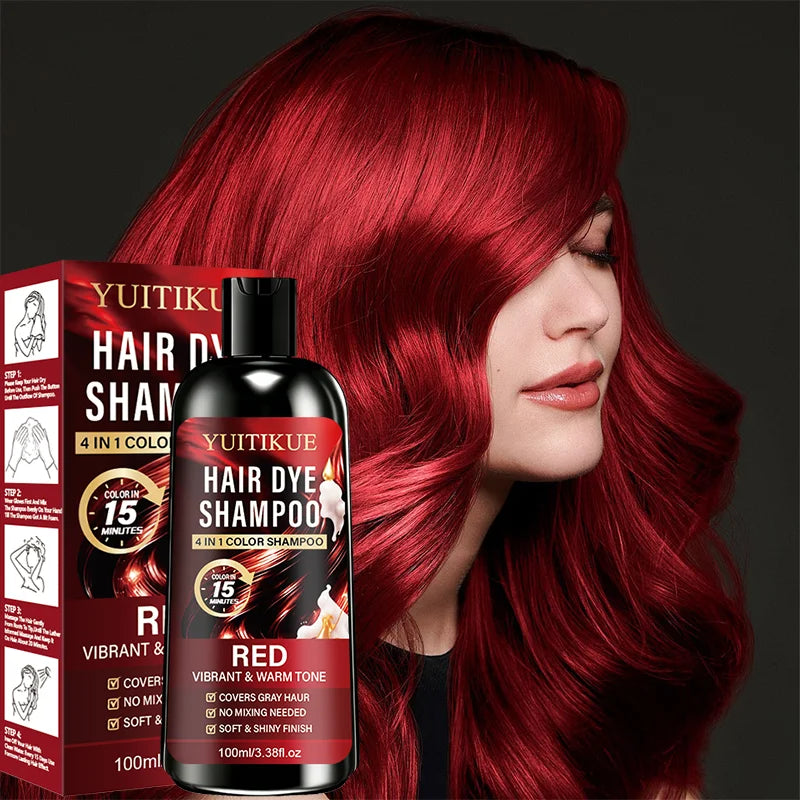 100ml Red 4IN1 Hair Color Shampoo 15 Mins Fast Dye Cover Grey Hair Salon Shine Effect No Mix Needed Warm Vibrant Red Tone