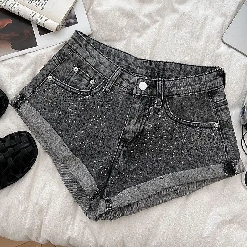 Retro Fashion Rhinestone Denim Shorts Women Pink Summer New A-Line Wide Leg Jeans Ultra Short For Hot Girls Bottoms
