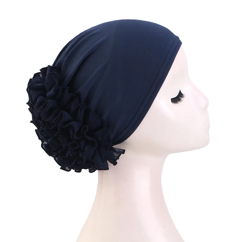 New breathable chiffon hat with large flowers Solid color thin bottom cap Islamic Head Wrap Women's elastic anti hair loss hat