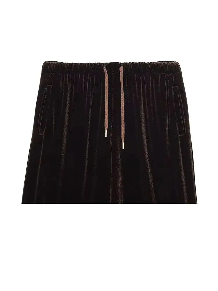 HH Woman Hooded Long Sleeves Zipper Velvet Jacket Drawstring Straight Wide Leg Pants Female Autumn Casual Loose Two Piece Set
