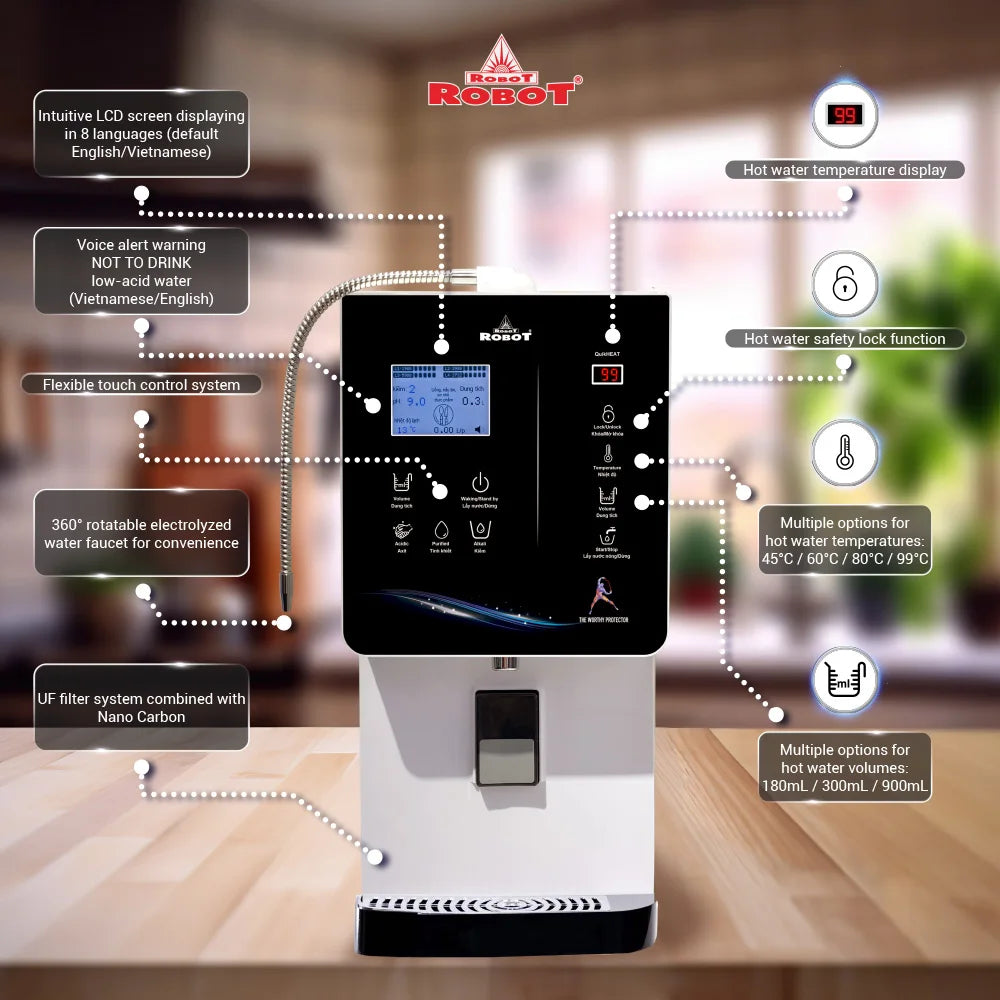 ROBOT Durable Electric Hot Cold Alkaline Ionized Water Purifier 7 Electrode Plates pH 4.5-10.5 Smart Heating Function Commercial