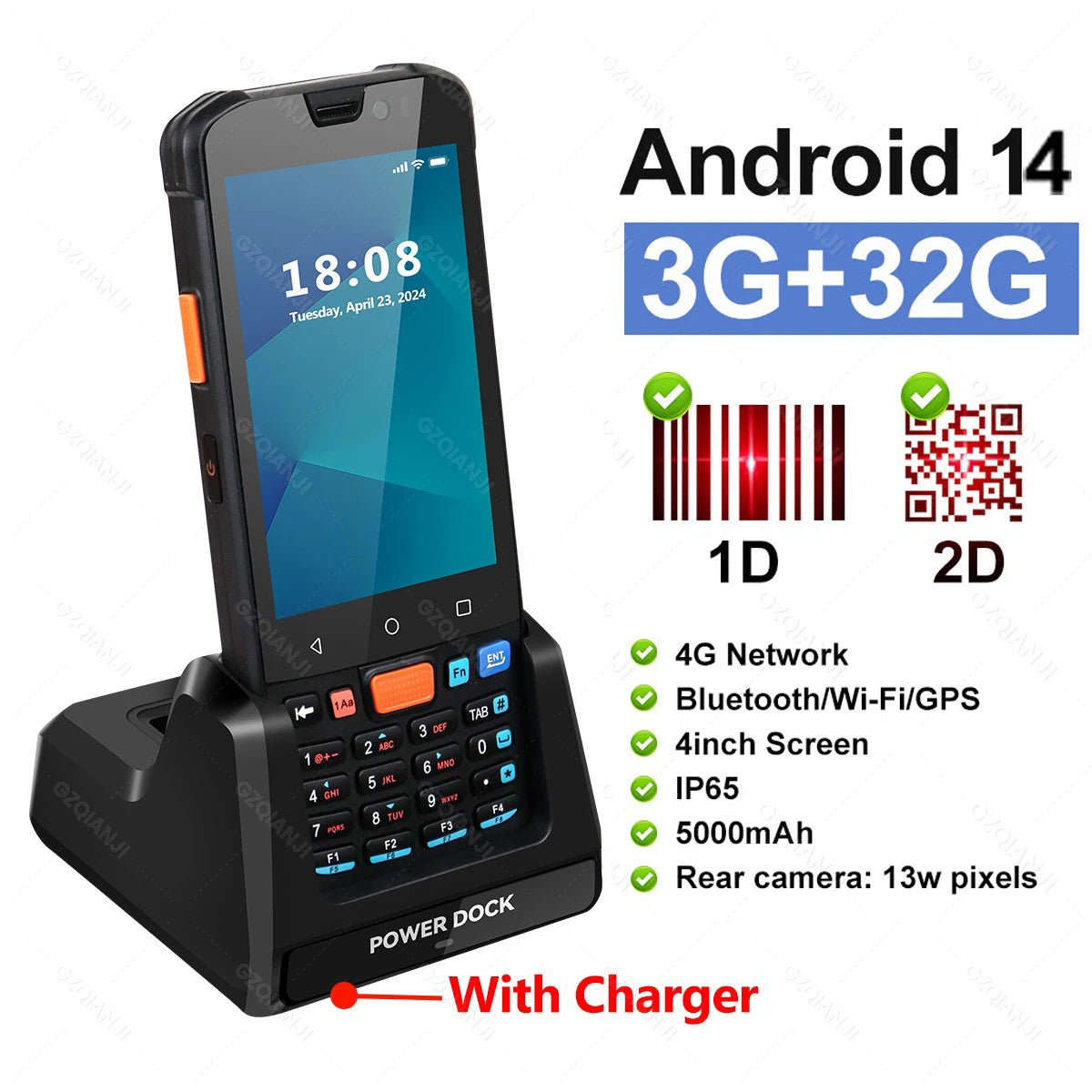 Android 14 Data Collector Wireless Wifi Bluetooth Handheld Terminal 1D 2D QR Barcode Scanner 3+32GB Running With Charger Station