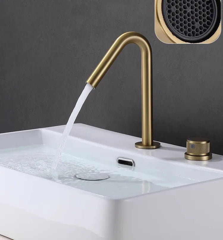 Tuqiu Bathroom Faucet Brass Widespread Brush Gold Basin Faucet Brass Sink Faucet 2 Hole Hot & Cold Wash Faucet Water Tap
