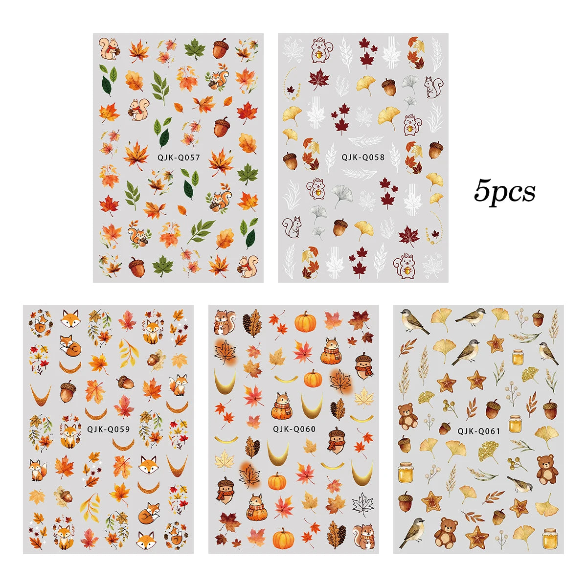 5pcs Autumn Maple Animals 3D Nail Art Stickers Squirral Ginkgo Fall Leaves Fox Bears Honey Pattern Nail Decal DIY Manicure Decor